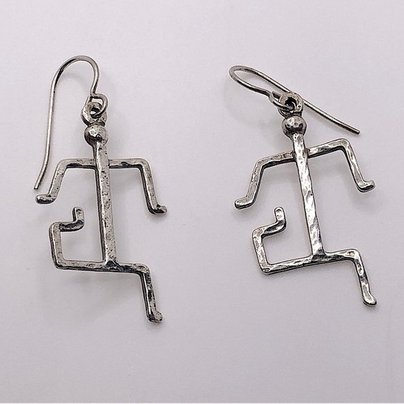 Vtg Sterling Silver Hammered Tribal Style Stick Man Running Earrings 1.7” - Picture 1 of 4